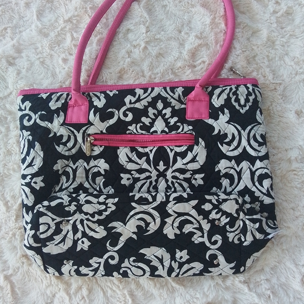 Belvah Black and White Tote with Pink Handles - Picture 2 of 5